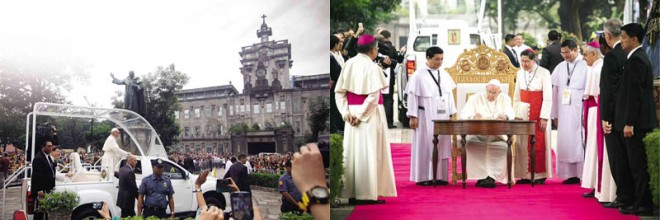 POPE Francis arrives on campus and signs (right) the UST guestbook. PHOTOS BY JOHN PAUL AUTOR