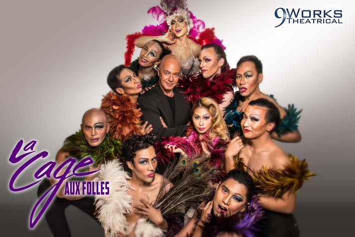 Michael de Mesa (center) with the high-kicking, riotously costumed Les Cagelles. PHOTO BY 9 WORKS THEATRICAL