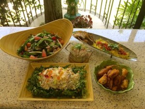 Kilawin Bangus, Summer Salad of Ilocano Backyard Fruits and Vegetable with Sea Grapes, Kilawin Hipon (Center), Daing na Espada with Manga Ensalada, Adobong Saba 