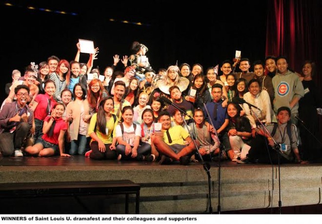 Jubilant cast and supporters of the Best One-Act Play, “Status sa Hukay,” of SLU’s  School of Teacher Education, written by Joey Lartec and directed by Rhum Fernandez Lumague. PHOTO BY AMADÍS MA. GUERRERO