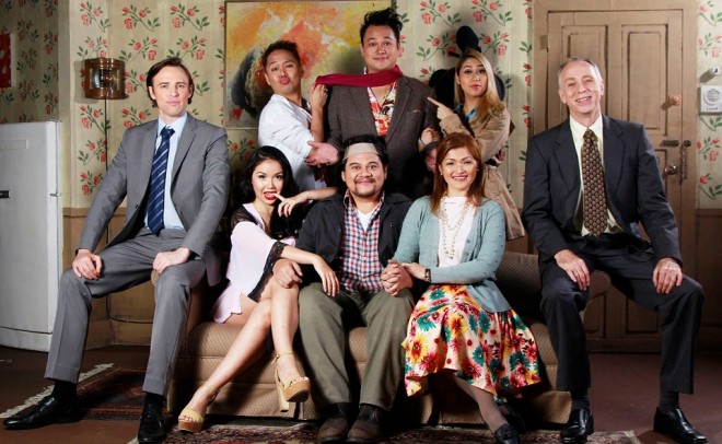 CLOCKWISE: James Stacey, Steven Conde, Jeremy Domingo, Mara Celine Javier, Paul Holme, Gold Soon, Jamie Wilson and Mikkie Bradshaw in Rep’s “Run for Your Wife”. PHOTO FROM REPERTORY PHILIPPINES