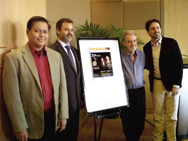 ARGENTINE bandoneonist Rodolfo Mederos (2nd from right) during the press interview at Diamond Hotel in Manila. He is flanked by CCP president Raul Sunico (extreme left), Argentine Ambassador Roberto Bosch and PPO music director Olivier Ochanine.