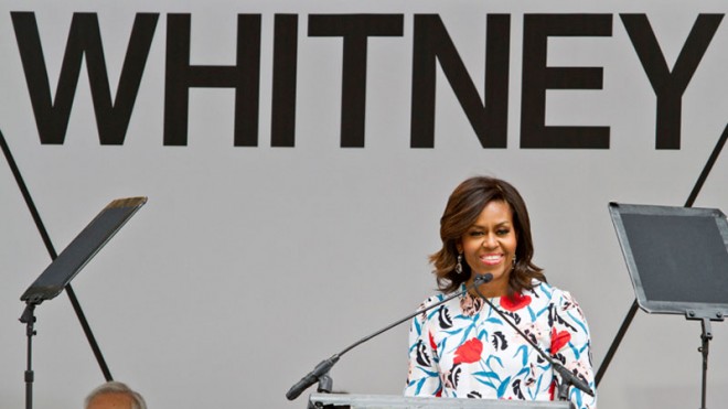First lady Michelle Obama speaks during a ribbon-cutting ceremony for the new $422 million Renzo Piano-designed Whitney Museum of American Art, Thursday, April 30, 2015, in New York. (AP Photo/Bebeto Matthews)