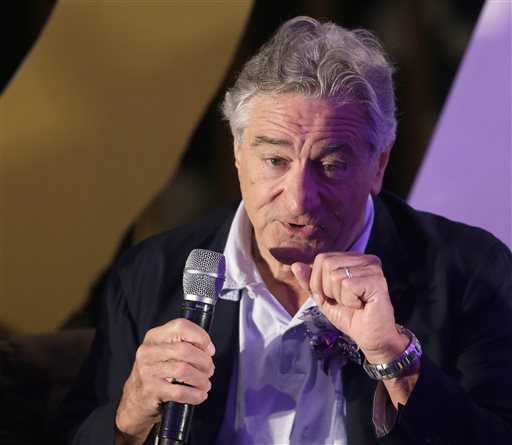 Hollywood actor Robert De Niro answers questions from the media during a news conference at the opening of the Nobu Hotel at the City of Dreams Casino Monday, May 18, 2015 at suburban Pasay city, south of Manila, Philippines. Robert de Niro and his business partners have formally opened Asia's first Nobu Hotel in Manila as the luxury brand gears up for global expansion.  AP