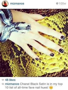 Chanel's Black Satin, as featured in the author’s Instagram account devoted to her obsession with nail polish, @mizmanos