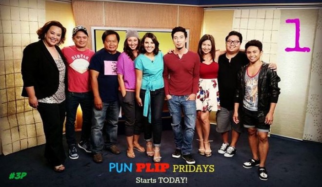 Giselle Töngi (fifth from left) and Reuben Uy (fourth from right) with colleagues in “Pun Plip Pridays,” a show that airs on KSCI-TV LA 18, a channel for the Filipino-American community in Southern California, and is syndicated to KIKU station in Hawaii. PHOTO FROM 'PUN PLIP PRIDAYS' FACEBOOK PAGE
