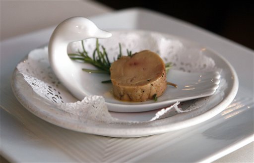 In this Aug. 9, 2006 file photo, a serving of salt-cured fresh foie gras with herbs is displayed at Chef Didier Durand's Cyrano's Bistrot and Wine Bar in Chicago. Restaurants in Brazil's city of Sao Paulo, one of the gastronomical hubs of South America, will no longer be able to serve the delicacy made from the fatty liver of force-fed ducks and geese. AP