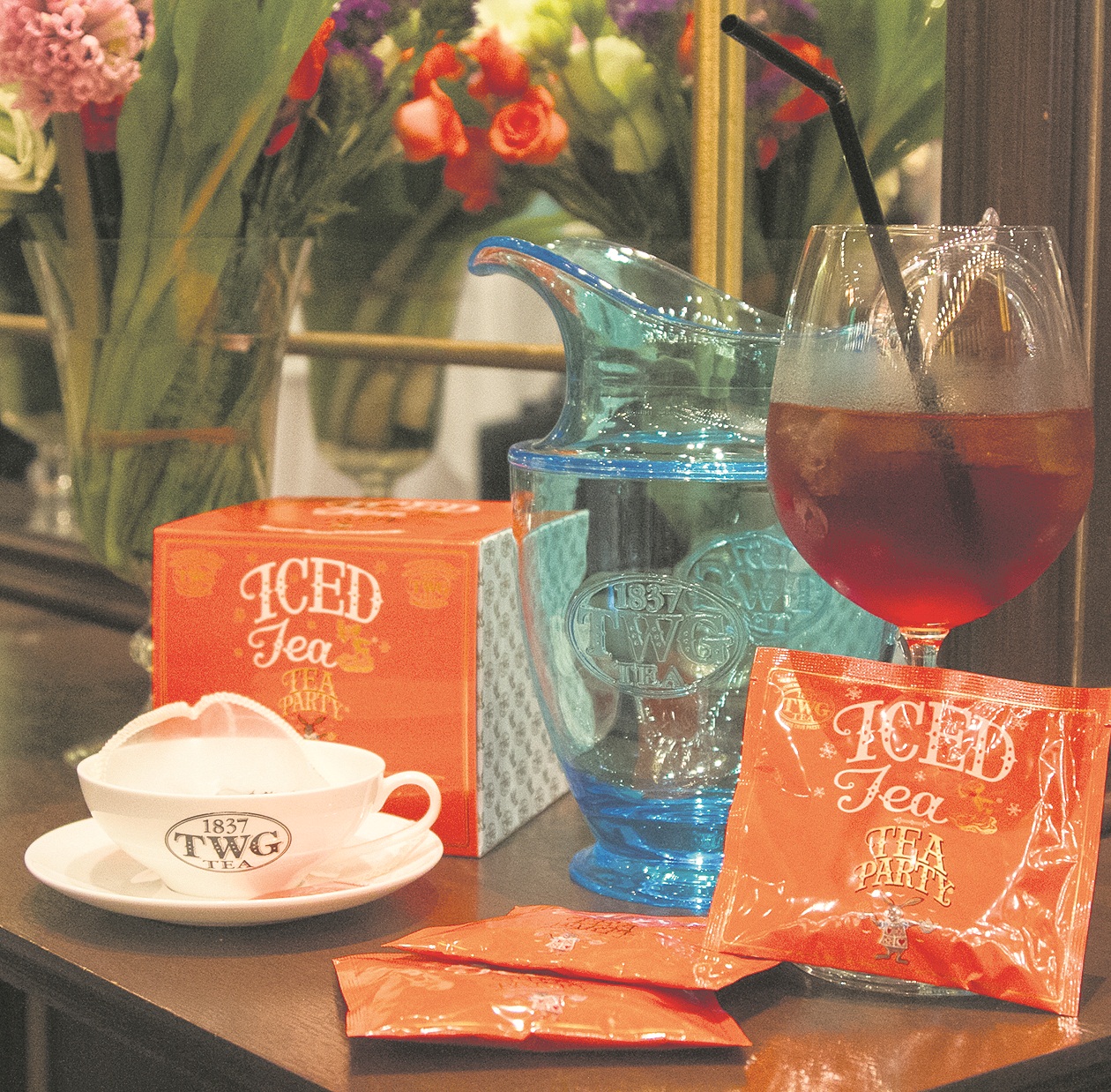 TWG Tea flavored iced teabag and iced tea carafe