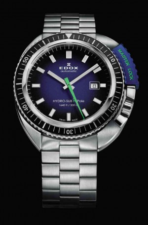 EDOX Hydro-Sub features a 46-mm steel case with a steel-and-aluminum rotating bezel.