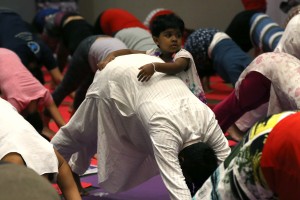 Yoga for Father’s Day. Three-year-old Jyoti Lakshmi joins her father, Udaya Narayana. PHOTO: RAFFY LERMA