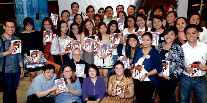 THE YOUNG and young-at-heart hold their copies of Young Blood 5. The Young Blood authors with Inquirer Group CEO Sandy Prieto-Romualdez and the Young Blood 5 Editors Rosario Garcellano, Ruel De Vera, JV Rufino and Pam Pastor