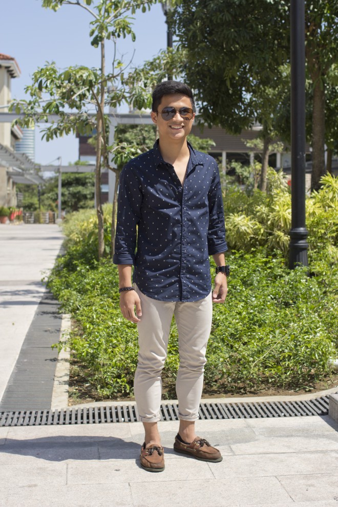 Celvin Esteban, 16, Batangas State University Polo, Folded & Hung; pants, Uniqlo; boat shoes, Sperry; shades, Sunnies by Charlie