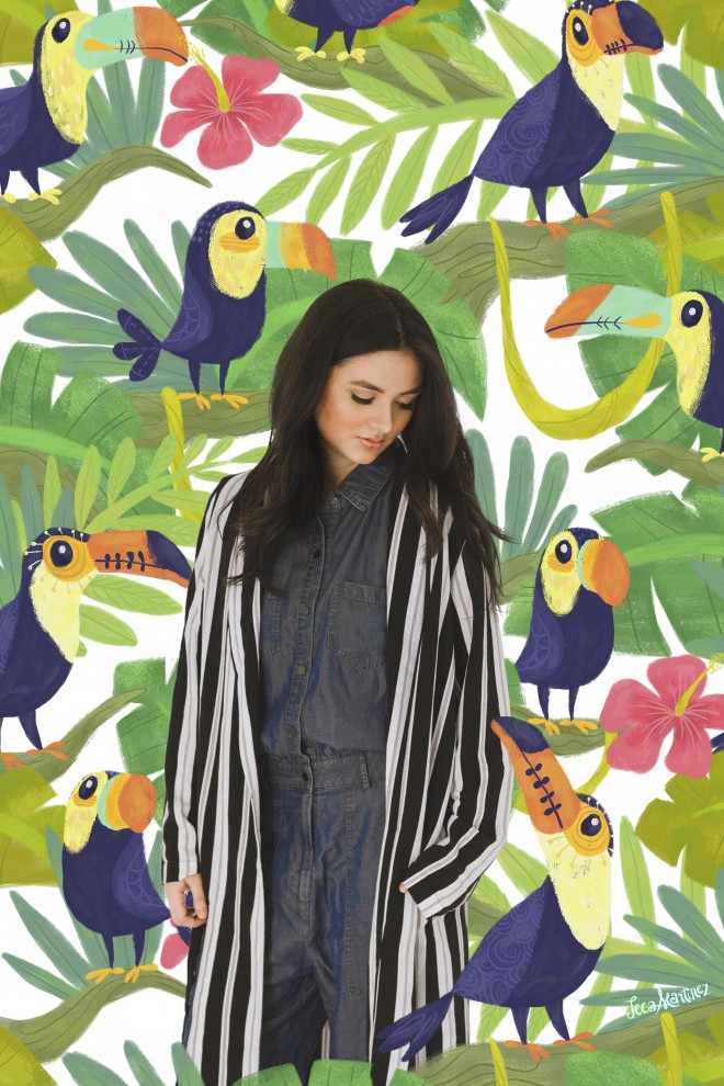 JECA and her “delightfully entertaining art for kids and kids at heart.” Striped over-sized coat, denim pant suit, Forever 21
