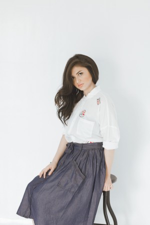 WHITE dress shirt with patches, denim skirt, Forever 21