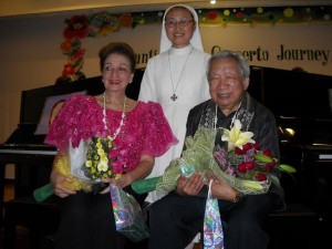 PIANISTS Ingrid Sala Santamaria and Reynaldo Reyes with Sr. Maria Cho, superior general of Sisters of Mary