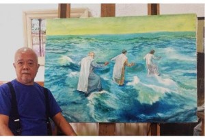 ARTIST Vicente JR. R. Barretto with his painting "Animo" and, at right, his artwork which will be part off the exhibit at Museum of Transfiguration Monastery.