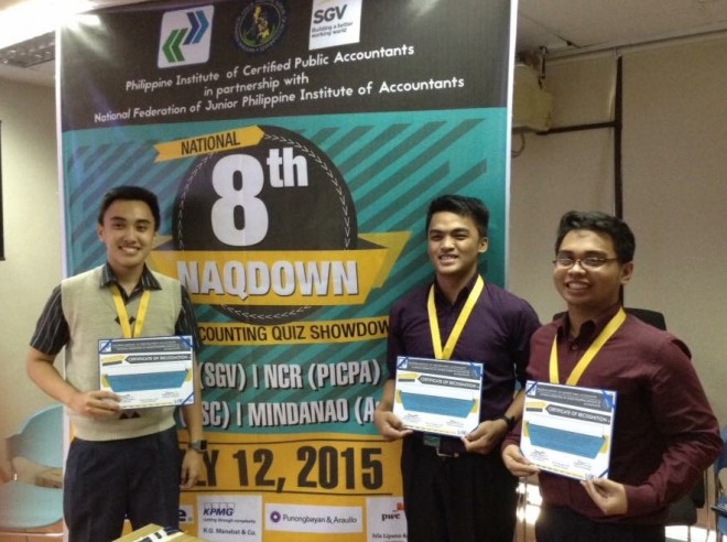 FEU STUDENTS bag three awards at the recently concluded 8th National Accounting Quiz Showdown: Irish Paul Reyes (4th place), Jejomar Concepcion (1st place) and Titus Roland Tagaan (2nd Place).