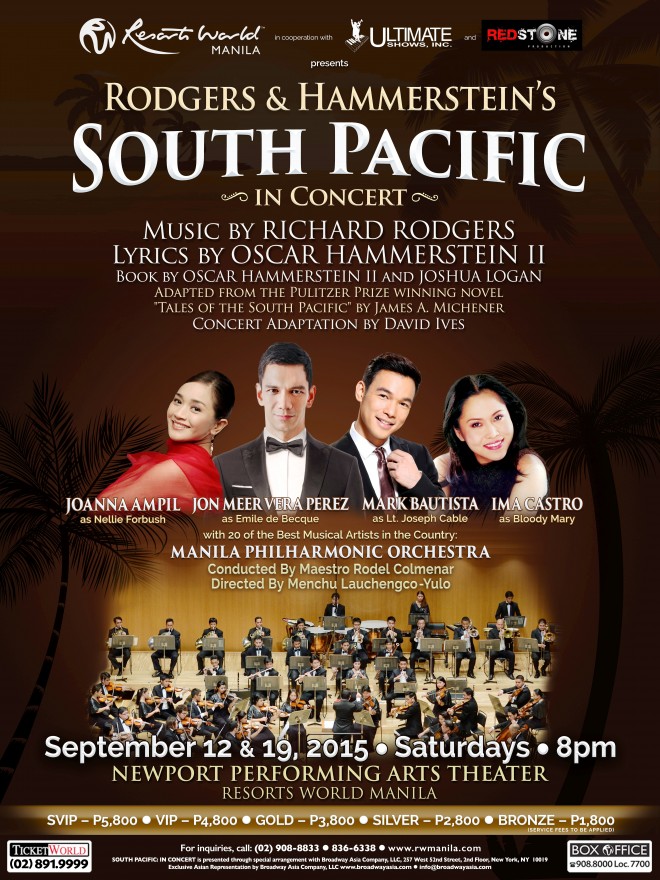 “South Pacific in Concert,” featuring Joanna Ampil, Jon Meer Vera Perez, Mark Bautista and Ima Castro, is on Sept. 12 and 19 at Resorts World Manila.