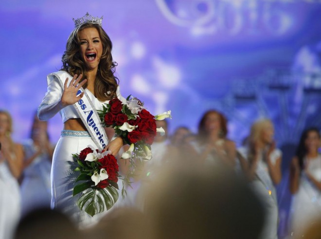 Miss Georgia Betty Cantrell reacts after being named Miss America 2016, Sunday, Sept. 13, 2015, in Atlantic City, N.J. (AP Photo/Noah K. Murray)