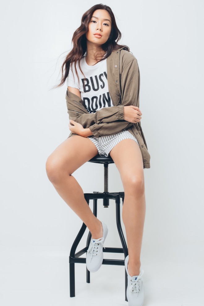 Statement tee, army green jacket, striped shorts, Forever 21; metal stool, Crate & Barrel