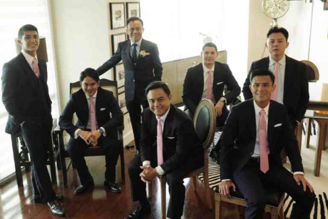THE GROOM (third from left, standing) with, from left, grandson Christian Tantoco, Das Reyes, Paolo Tantoco, Paolo Lobregat, Donnie Tantoco, Robbie Tantoco
