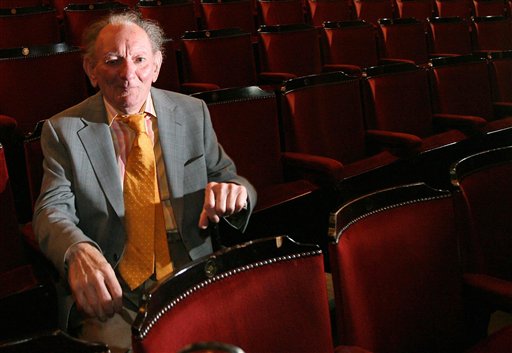 This is a Sept. 11, 2009 file photo of playwright Brian Friel sitting in a theatre in Dublin. Authorities say Brian Friel, the Tony Award-winning playwright who created ``Dancing at Lughnasa’’ and more than 30 other plays, has died at the age of 86. The Arts Council of Ireland says in a statement that Friel died Friday Oct. 2, 2015. The cause of death was not given. AP 