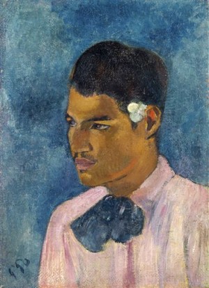 In this image provided by Christies is the painting, "Jeune homme a la fleur," by French artist Paul Gauguin. Young Man with a Flower depicts a Tahitian youth in a white shirt and loose cravat and a white blossom tucked behind his ear. Gauguin created it in 1891 soon after arriving on the French Polynesian island. It will be auctioned at Christie's, Nov. 9, 2015. (Christie's via AP)