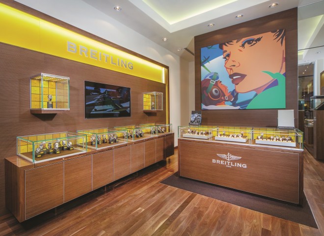 From dark, more formal interiors, Breitling’s new store at Greenbelt 5 is brighter, more inviting and retains those trademark splashes of yellow. It also features a reproduction of a pop art painting of American artist Kevin T. Kelly. (contributed photos)