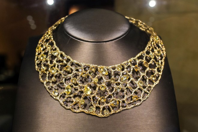 The very dramatic necklace from the Tanaquilla collection has brown diamonds and danburites which Roberto Coin describes as "very rare stones."