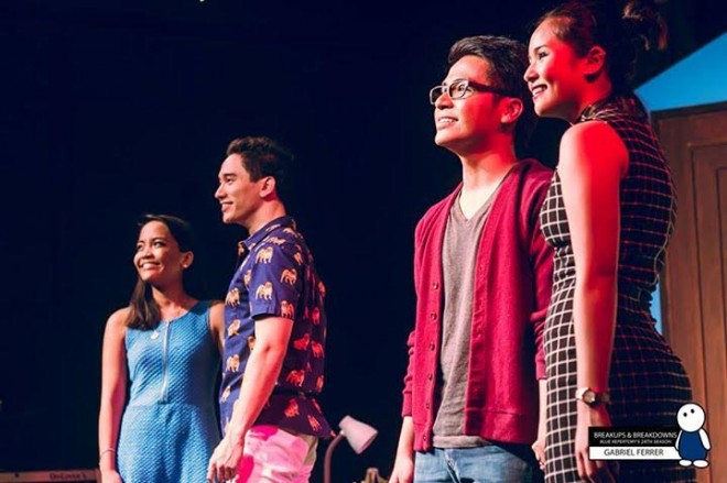 Angela Mercado, Raffy Nepomuceno, AM Masucol and Celine Bengzon in Ateneo Blue Repertory’s “Breakups and Breakdowns”—directed by Reb Atadero, with music by Rony Fortich and book and lyrics by Joel Trinidad. PHOTO FROM ATENEO BLUE REPERTORY