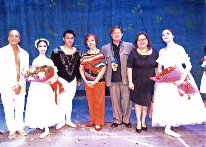 AT THE opening night of “Giselle,” from left are Nicolas Pacaña, Genette Terez as Giselle, Mhynard Etis as Prince Albrecht, Rosario de Veyra Utzurrum, Gregory Aaron, Marco Polo Plaza Hotel’s sales/marketing director Lara Constantino-Scarrow, and Aika Moro as Myrtha, queen of the Willis.