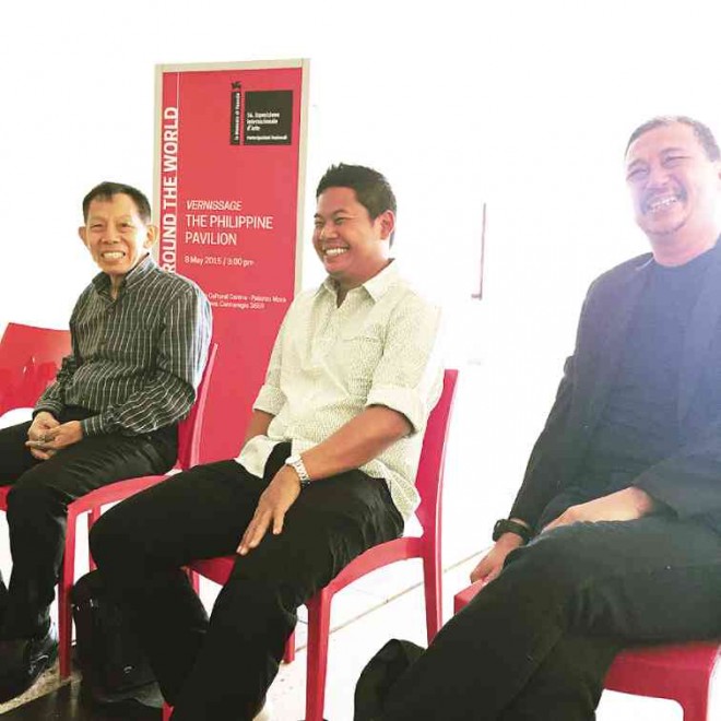 NATIONAL Commission for Culture and the Arts Chair Felipe de Leon Jr., filmmaker MarianoMontelibano III and intermedia artist José Tence Ruiz share a light moment at the press preview before the formal opening of the Philippine pavilion at the 56th Venice Art Biennale.