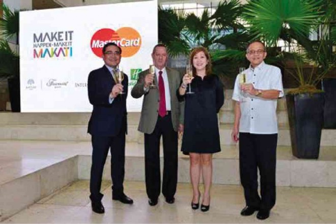 EUGENE Tamesis, Raffles and Fairmont Makati director of sales and marketing; Christian Pirodon, InterContinental Manila and Holiday Inn & Suites Makati area general manager; Jo-Ann Camacho, vice president of MasterCard Philippines; and Manny Blas, Ayala Land vice president and project development head of Makati