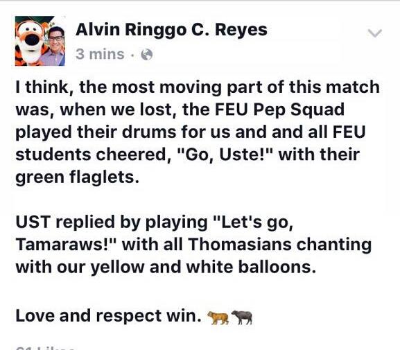 A POST from a UST fan applauding the FEU community for being gracious winners. SCREENGRAB FROM FACEBOOK
