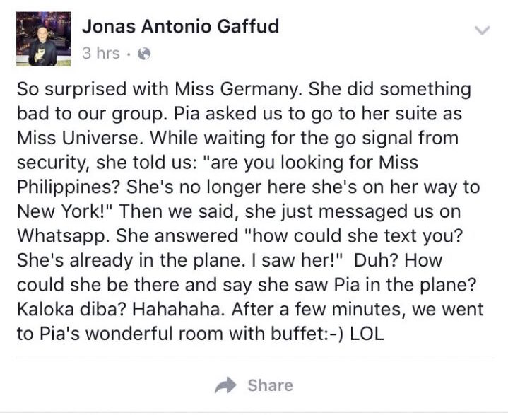 Jonas Gaffud post Miss Universe 2015