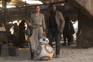 FRESH FACES: Rey (Daisy Ridley) and Finn (John Boyega) with BB-8 