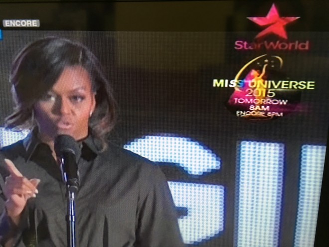 US First Lady Michelle Obama wants you to vote? From this screen grab of StarWorld, it seems that way. The cable network, which is heavily promoting its telecast of Miss Universe, will be airing the global pageant live on December 21, 8 a.m., Manila time.