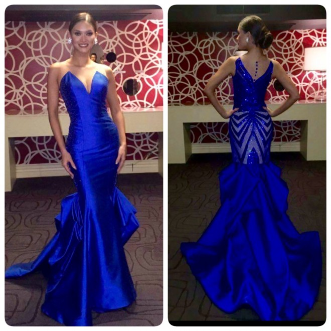 Pia Wurztbach's form-fitting blue serpentina gown and its dramatic back