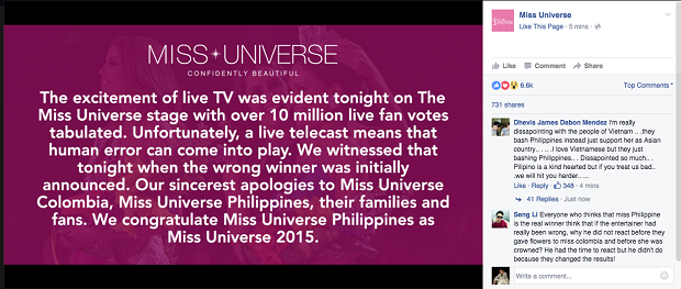 Miss Universe apology