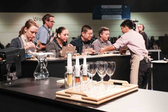 Aldrin Lumaban, reigning Philippine National Barista Champion, serves his espresso beverages to the panel of international judges at the 2015 World Barista Championship (WBC) in Seattle, USA. Lumaban represented the Philippines to the WBC competition and bagged the 26th spot out of 48 nations competing. 