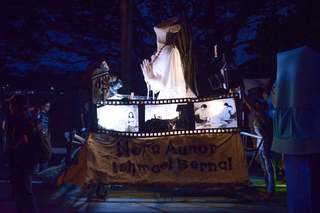 NORA Aunor’s trademark pose in the movie “Himala” is recreated on the float of the College of Fine Arts.