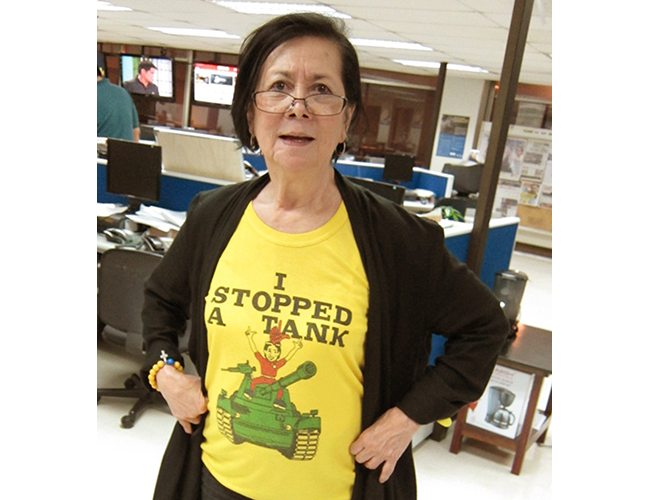“KEEPER of the Edsa Flame” wears a statement shirt in the newsroom in 2011. PHOTO BY FRAN KATIGBAK