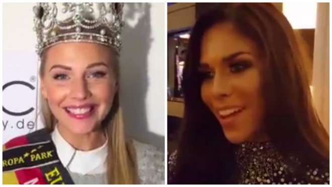 A TALE OF TWO MISSES GERMANY. Miss Germany Olga Hoffman (left) says she is a fan of Pia Wurtzbach, while Sara-Loraine Riek says none of the other contestants voted for Wurtzbach. SCREENGRABS FROM VIDEOS ON HOFFMAN AND MISSOSOLOGY'S FACEBOOK PAGES