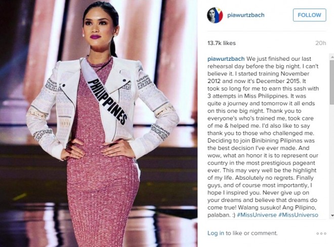 SCREENGRAB FROM PIA WURTZBACH'S INSTAGRAM PAGE