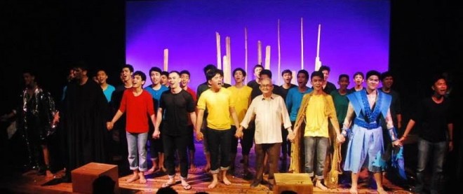 “Whether they want it or not, they will become leaders,” says Pagsanghan of his students. “I hold tomorrow in my hands, with the kind of persons my students would become.” Above, taking a bow with a fresh cast of performers for the Dulaang Sibol staple “Sa Kaharian ng Araw” in February this year