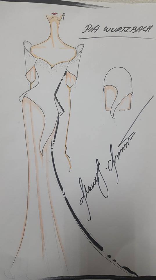 PIA Wurtzbach will be wearing an ivory and rose quartz terno made of silk gazar and neoprene by Albert Andrada for her audience with President Aquino in Malacañang.