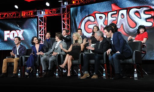 David Del Rio, from top left, Andrew Call, Jordan Fisher, Kether Donahue, Keke Palmer and Carly Rae Jepson and Carlos Penavega, from bottom left, Vanessa Hudgens, Aaron Tveit, Julianne Hough, executive producer Marc Platt, and director Thomas Kail participate in a panel for "Grease: Live" at the Fox Winter TCA on Friday, Jan. 15, 2016, Pasadena, Calif. (Photo by Richard Shotwell/Invision/AP)