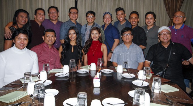 Members and supporters of Aces & Queens during group's victory party, second row, from left,  Cielo Medved, Arnold Mercado, Nad Bronce, Jonas Gaffud, Bessie Besana, Carlos Buendia, Jim Ros, Dave Grona, Pao Baysa, Jimmy Estopache, first row, from left, Boyel Blas, Gerry Diaz, Binibining Pilipinas Intercontinental Chriti Lynn McGarry, Miss World Philippines Hillarie Parungao, directors Jeffrey Jeturian and Ces Evangelista (Alanah Torralba)