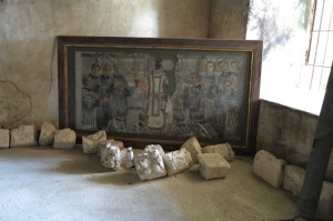 FRAMED pieces of Alburqerque church's old painted ceiling