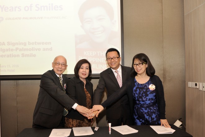 To Kick-off the company’s 90th Year, a MOA was signed between Colgate-Palmolive Philippines and  Operation Smile Philippines to bring brighter smiles to children with oral cleft.  In the picture (L-R): Bobby  Manzano (Country Director of Development for Operation Smile Phils), Edith Villanueva (Chairman Board  of Trustees, Operation Smile Phils), Stephen Lau (Vice-President/General Manager, Colgate-Palmolive Phils) and Jennifer Peng (Finance Director, Colgate-Palmolive Phils)